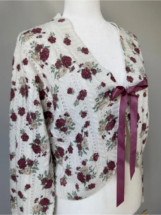 Francesca's Floral Ribbon Tie Cardigan Small Ivory Mauve Cottagecore NWT - Picture 6 of 15